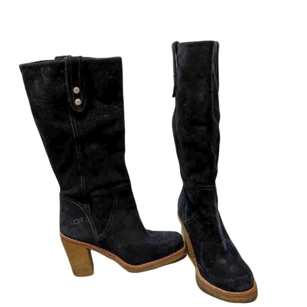 Ugg Josie Sz 7 Heeled Tall Black Suede Cuff Boots - Picture 3 of 8